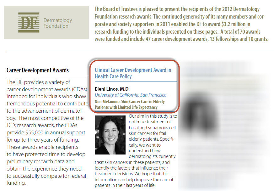 DermatologyFoundation_Eleni-Linos_meta-analysis about indoor tanning Dermatology Foundation award Eleni Linos author of meta-analysis about indoor tanning and non-melanoma skin-cancer